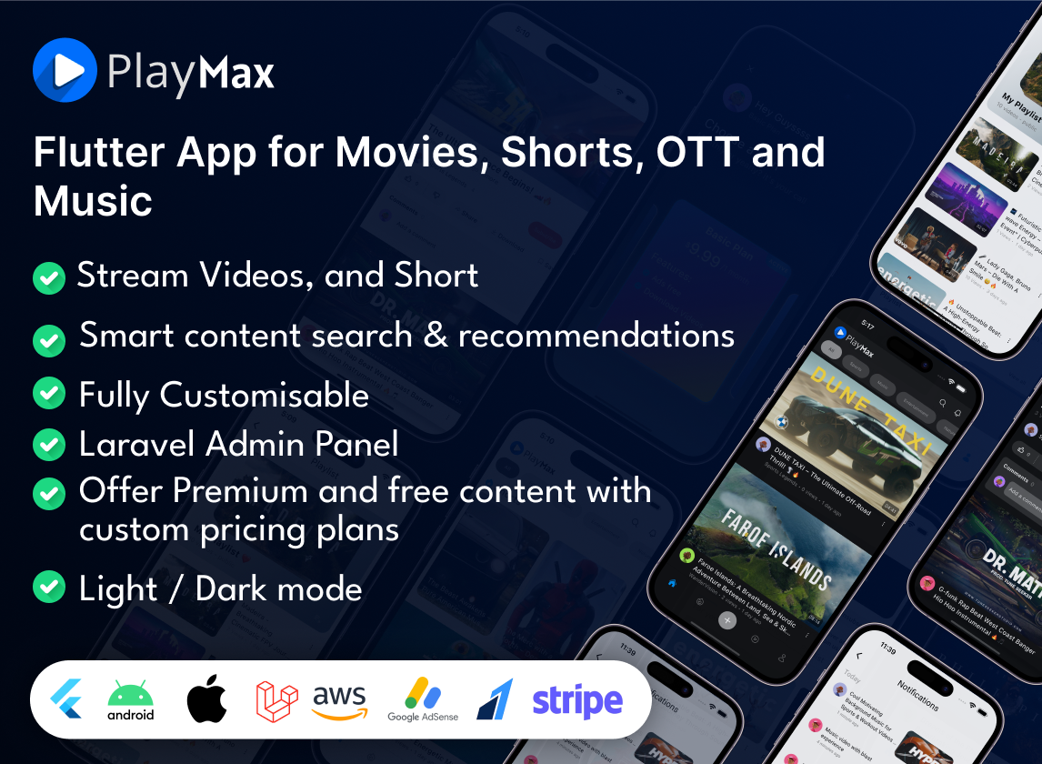 Playmax Flutter app for Online Videos, Reels & Shorts with Laravel Admin Panel